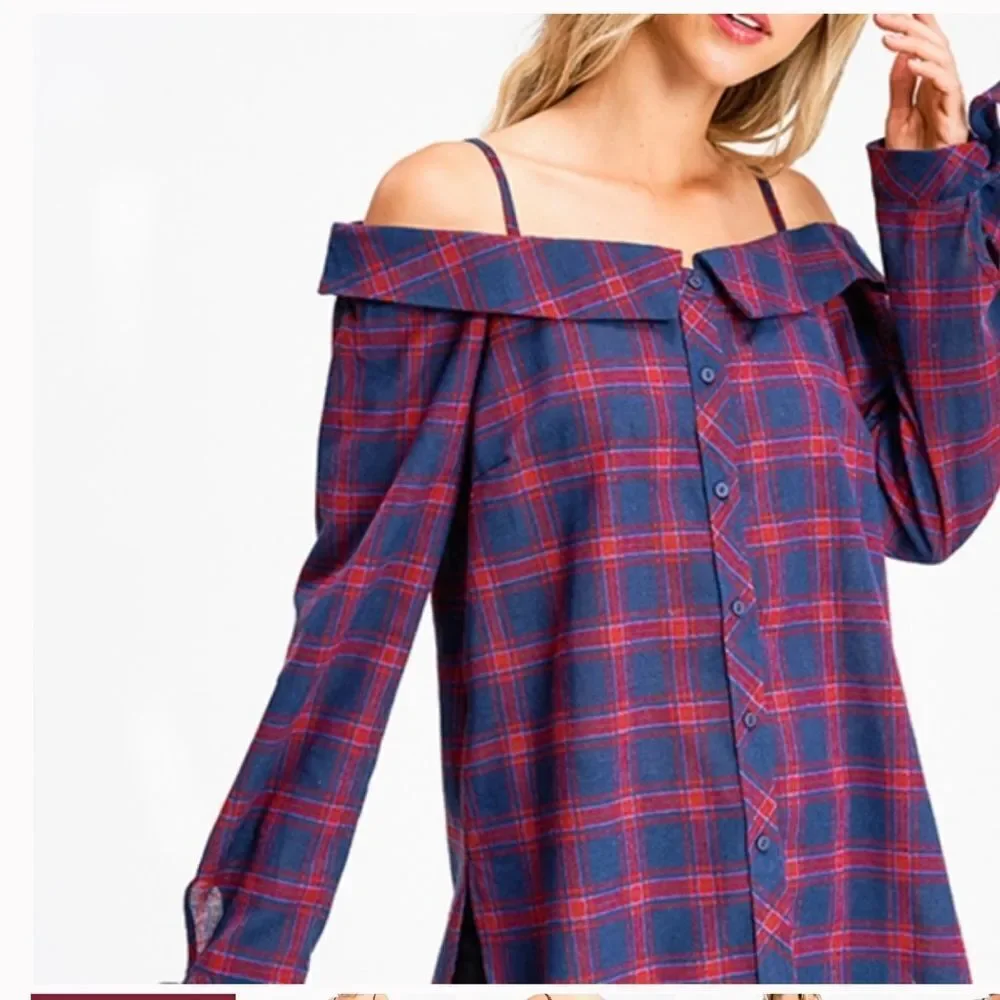 Skies Are Blue Navy & Red Plaid Off-Shoulder Button Down Top Size XS - Picture 3 of 10